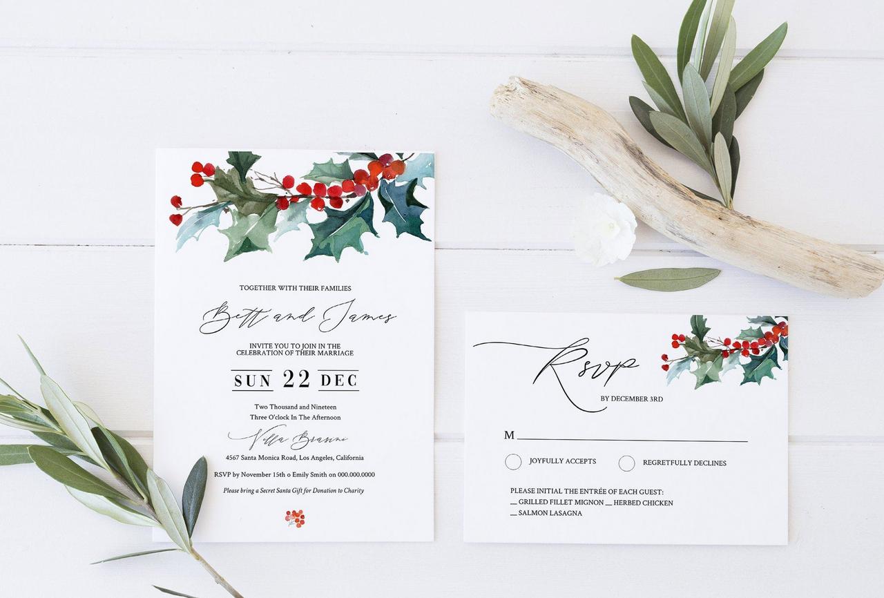 Set the merry tone with invitations adorned in seasonal hues, snowflakes, or elegant winter motifs