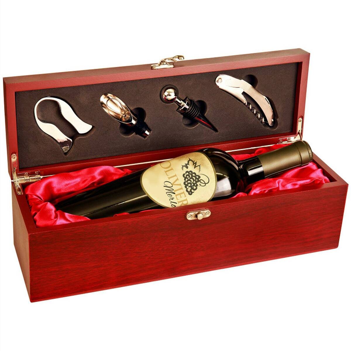 red box with a bottle of wine and tools for opening champagne