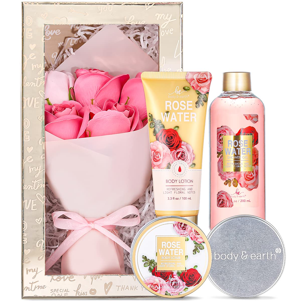 gift set with flower bouquet and fragrances